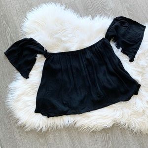 Tobi Off the Shoulder Lace Back Peasant Crop Top